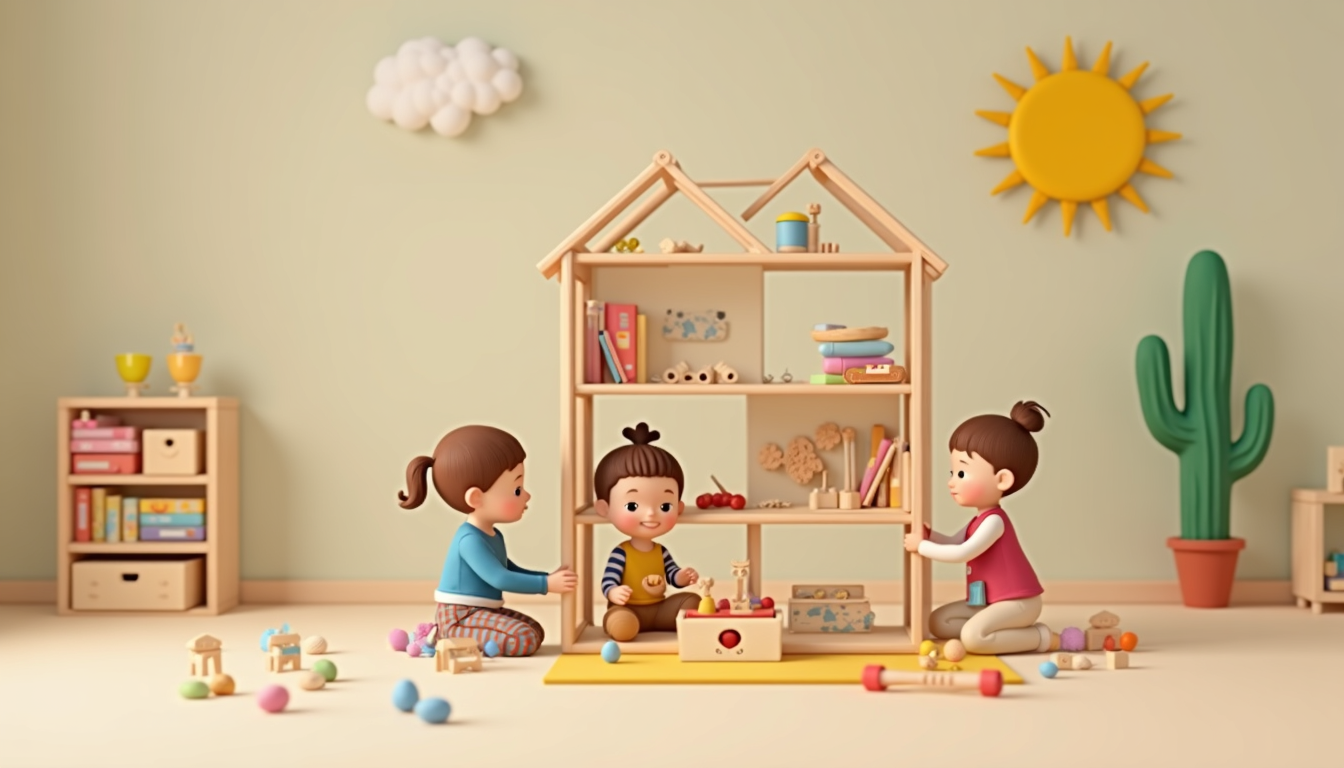 Copii fericiți jucându-se într-o grădiniță Montessori luminoasă și bine organizată.