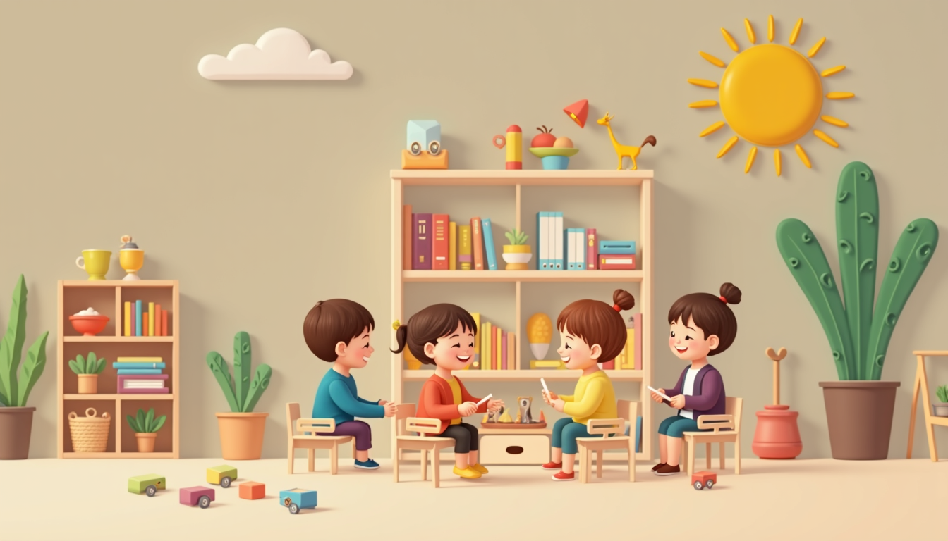 Copii fericiți într-o sală de clasă Montessori, explorând materiale educaționale specifice metodei Montessori.