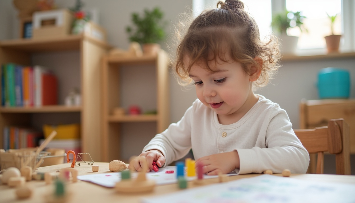 Copii fericiți și angajați în activități într-o gradinita Montessori, explorând materiale didactice specifice