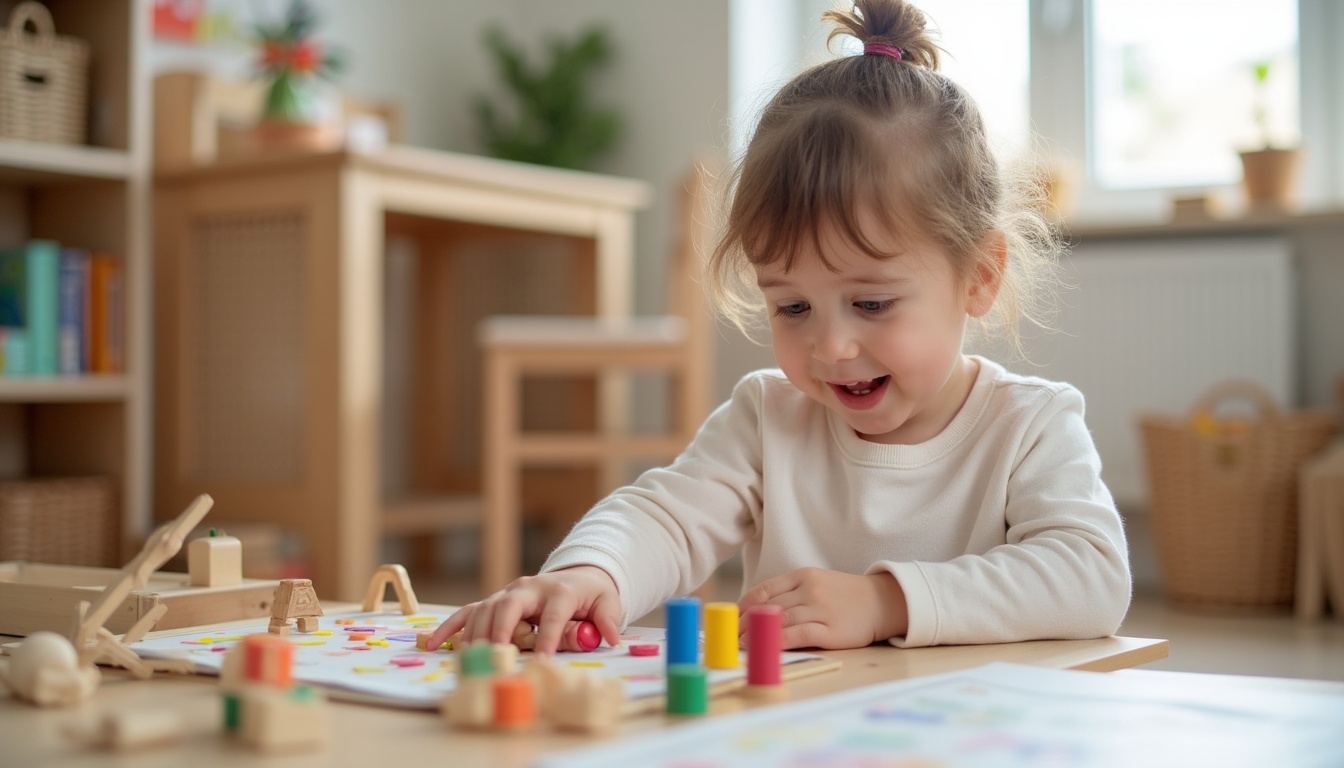 Copii fericiți într-o clasă Montessori, explorând materiale educaționale