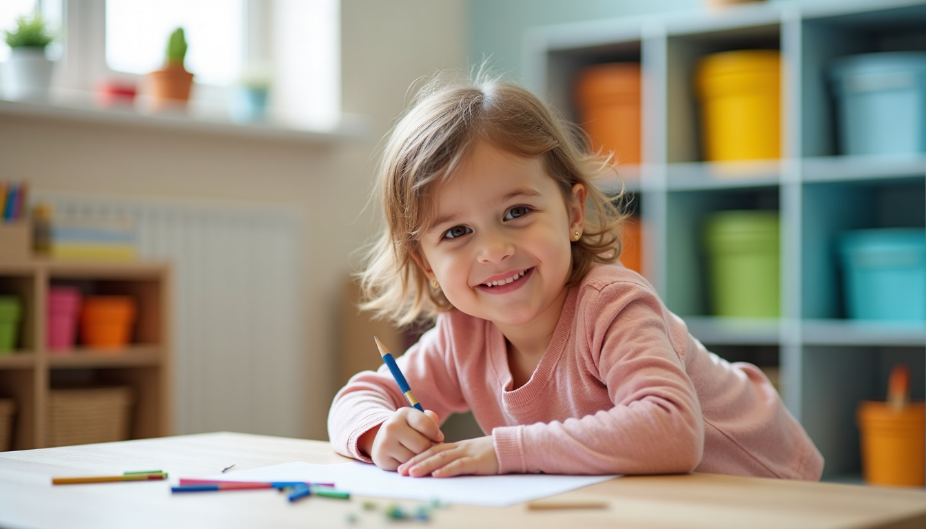 Un copil fericit într-un mediu Montessori din Cluj, învățând prin joacă cu materiale specifice.